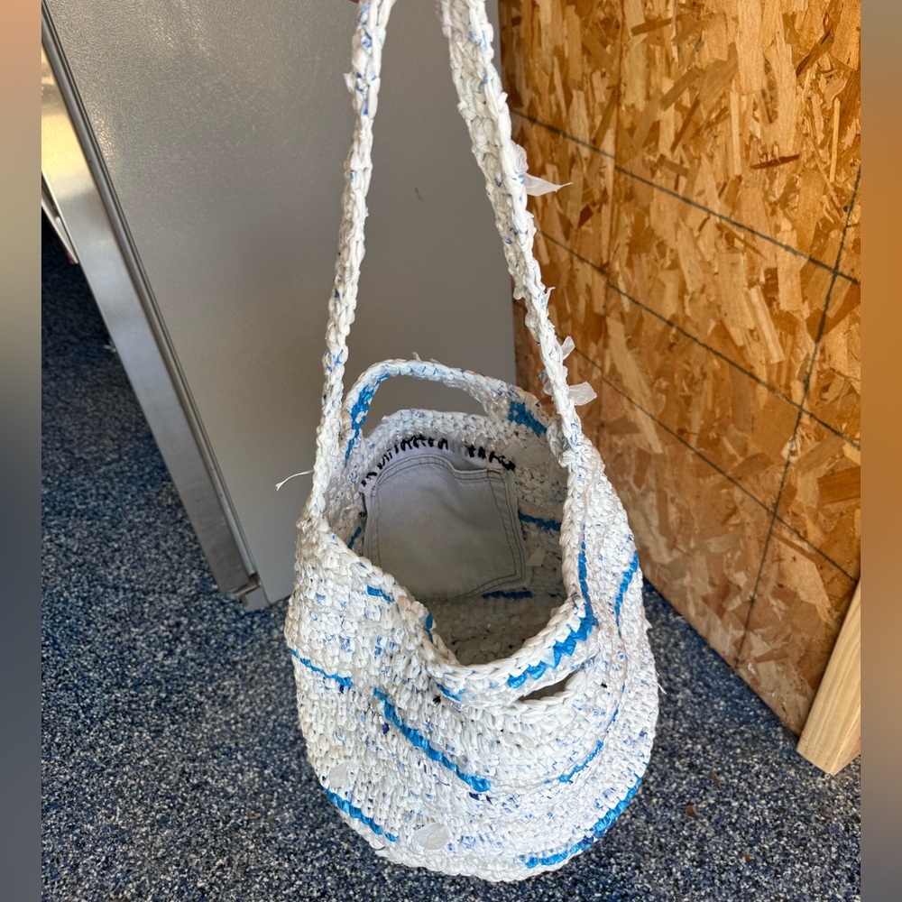 Handmade from plastic bags crocheted shopping tote bag with 2 denim pockets